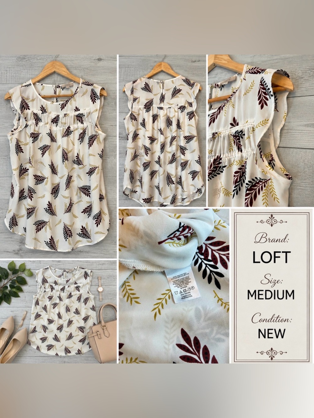 LOFT Leaf Print Sleeveless Blouse | Women’s Medium | Business Casual Top | New - Picture 2 of 6